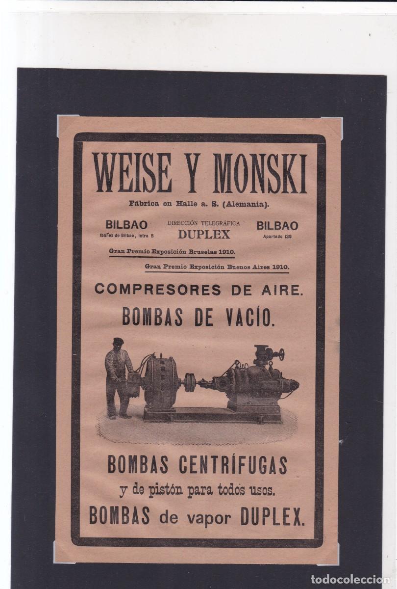 Coleccionismo de carteles: WEISE Y MONSKI - F&Aacute;BRICA COMPRESORES Y BOMBAS - PUBLICIDAD ORIGINAL 1912 / MEMORIAL ARTILLER&Iacute;A