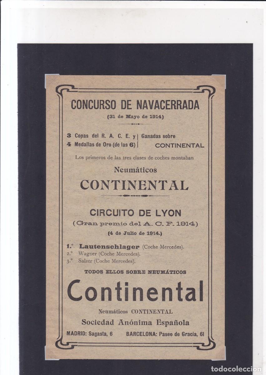 Coleccionismo de carteles: NEUMATICOS CONTINENTAL - PUBLICIDAD ORIGINAL 1914 / MEMORIAL ARTILLER&Iacute;A