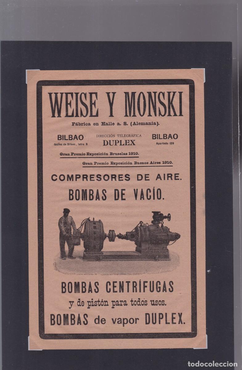 Coleccionismo de carteles: WEISE Y MONSKI - F&Aacute;BRICA COMPRESORES Y BOMBAS - PUBLICIDAD ORIGINAL 1912 / MEMORIAL ARTILLER&Iacute;A