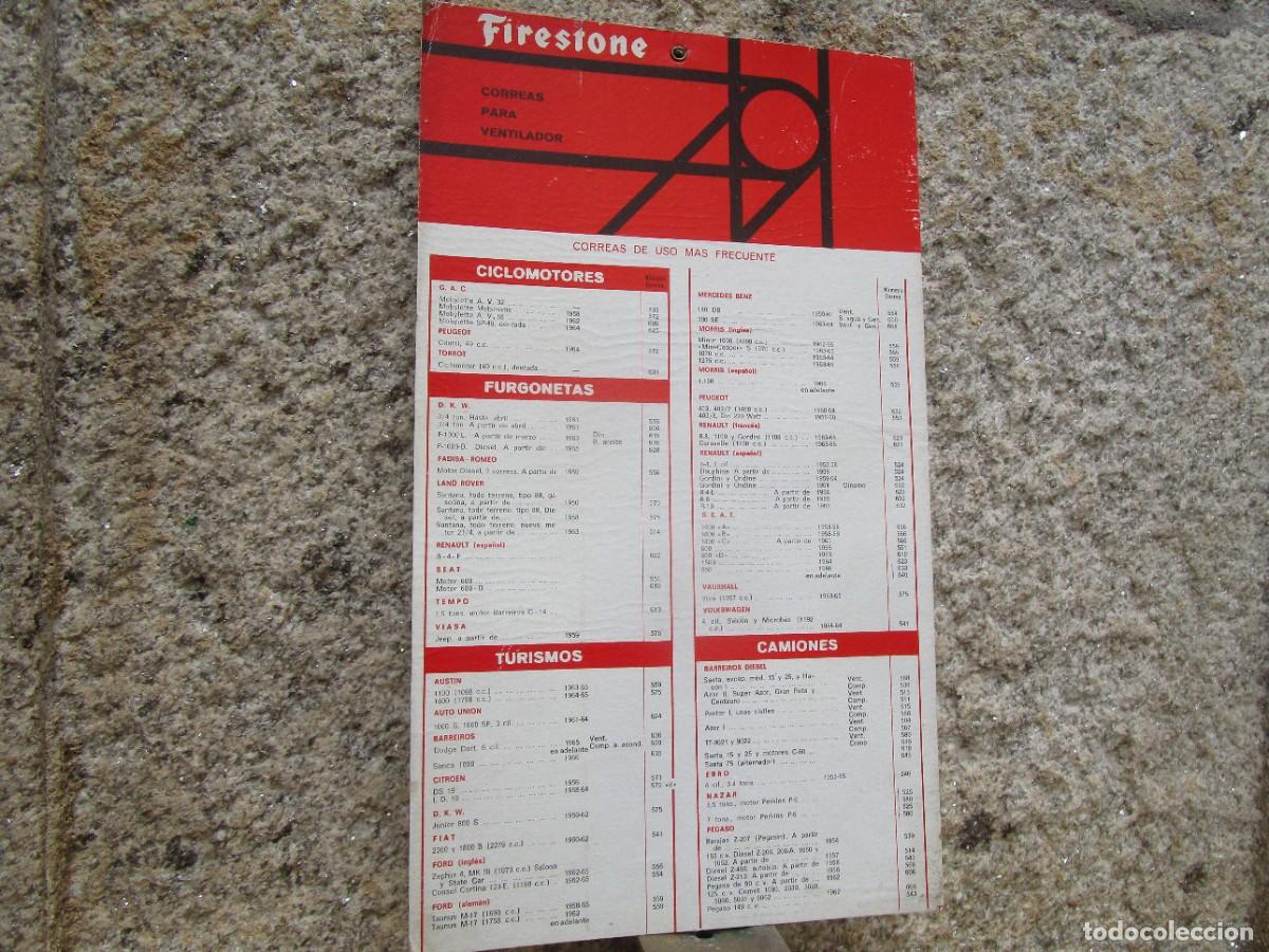 Coleccionismo de carteles: CORREAS FIRESTONE 1960 - CARTEL CARTON 38X22CM IMPRESO A DOS CARAS USOS MAS FRECUENTES 150GR.