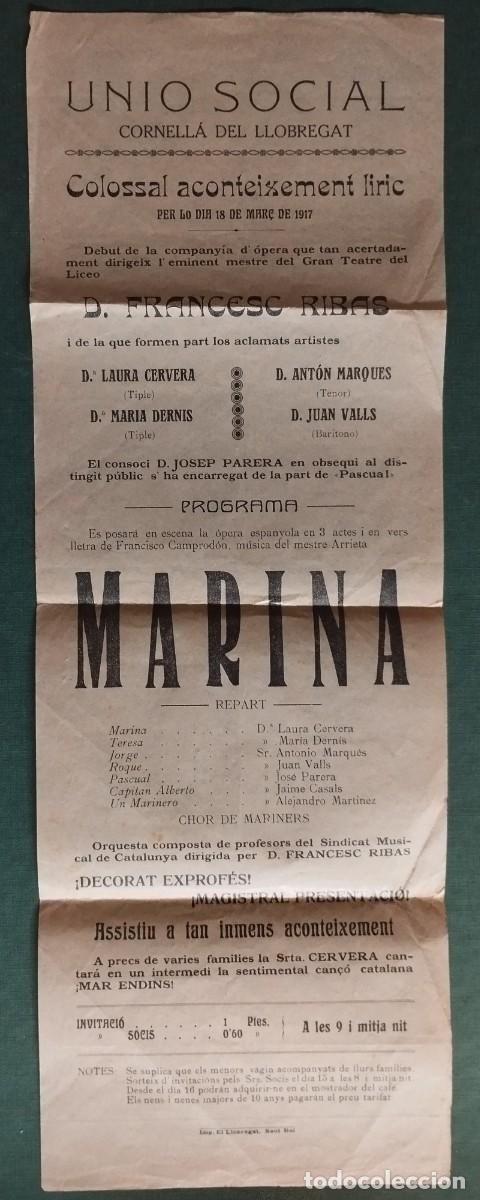 Coleccionismo de carteles: CARTEL UNIO SOCIAL CORNELLA DE LLOBREGAT (BARCELONA) 1917 OPERA MARINA