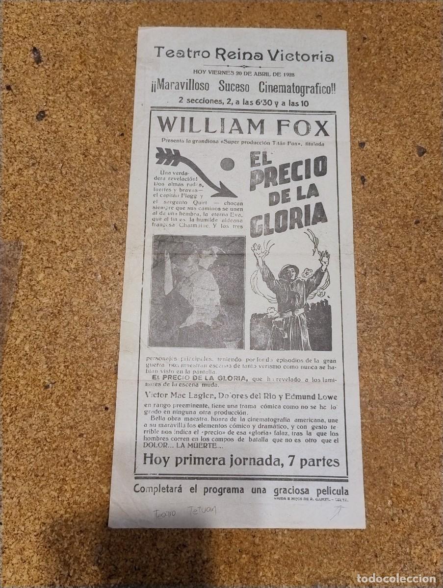 Poster collecting: Teatro Reina Victoria. Maravilloso suceso cinematogr&aacute;fico. William Fox. El precio de la Gloria Ceuta