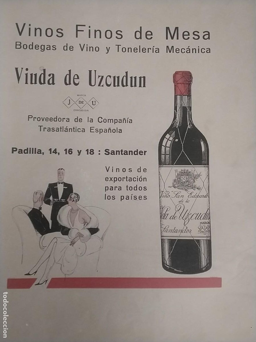 Coleccionismo de carteles: BODEGAS VINOS FINOS DE MESA VIUDA DE UZCUDUN SANTANDER HOJA REVISTA A&Ntilde;O 1931-1932