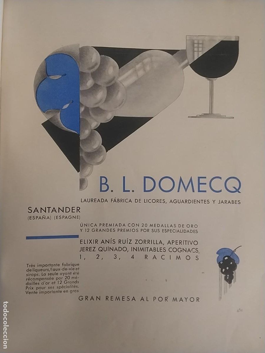 Coleccionismo de carteles: FABRICA LICORES AGUARDIENTES JARABES B.L.DOMECQ SANTANDER ANIS RUIZ ZORRILLA HOJA A&Ntilde;O 1931-1932