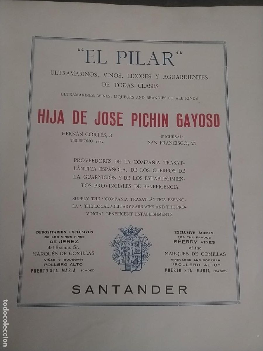 Coleccionismo de carteles: EL PILAR ULTRAMARINOS VINOS LICORES HIJA DE JOSE PICHIN GAYOSO SANTANDER HOJA A&Ntilde;O 1931-1932