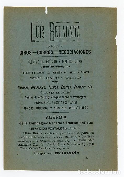 Coleccionismo de carteles: GIJON. ASTURIAS. PUBLICIDAD ORIGINAL DE 1899. DOS CARAS