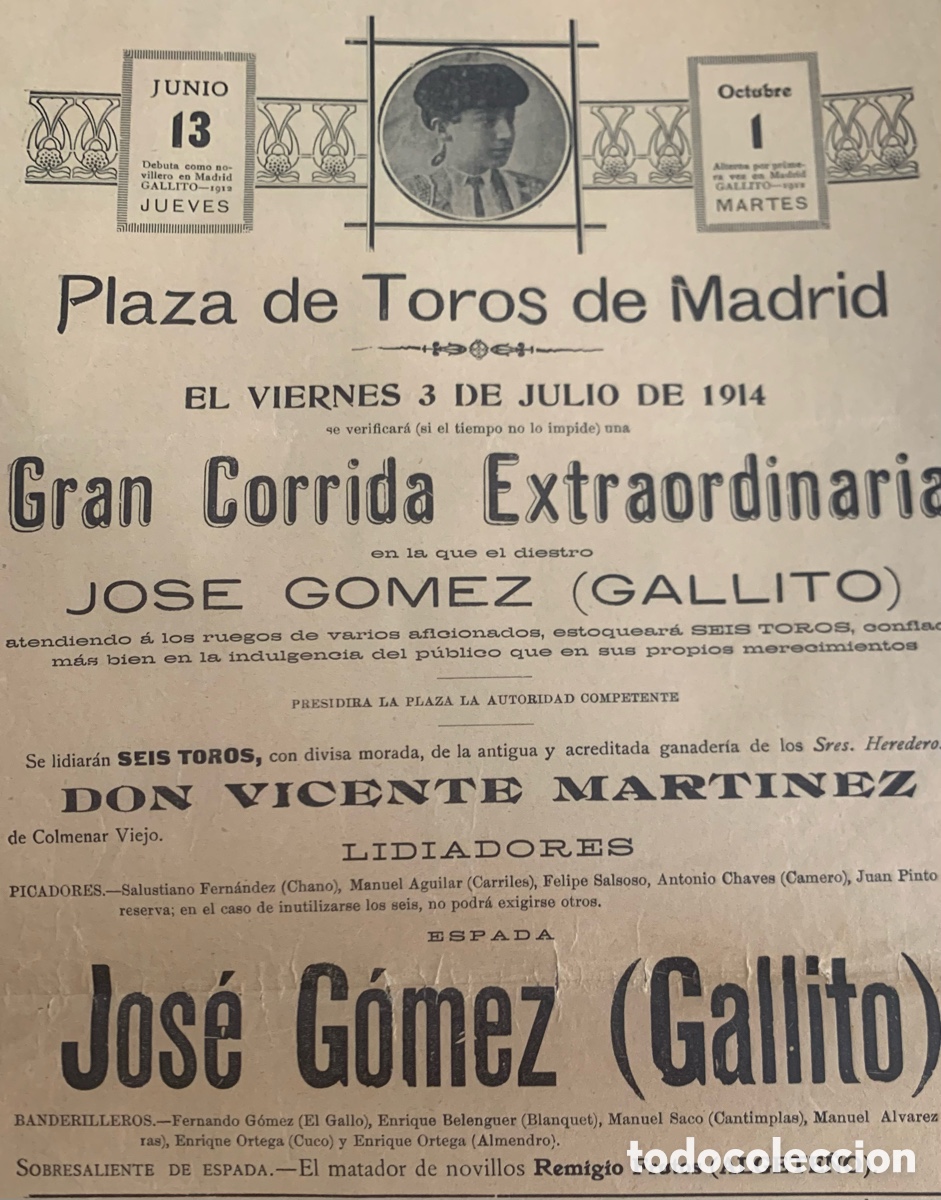 Coleccionismo de carteles: Cartel de toros consagraci&oacute;n de Joselito el Gallo.