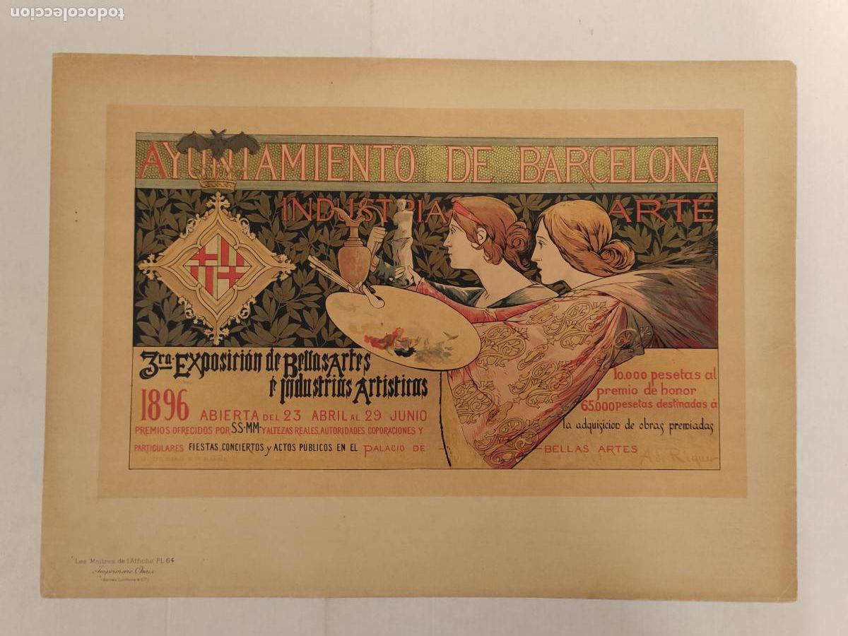 Collectionnisme d'affiches: ALEXANDRE DE RIQUER - BARCELONA - 3&ordf; EXPOSICION BELLAS ARTES 1896 - CARTEL ANTIGUO - ORIGINAL