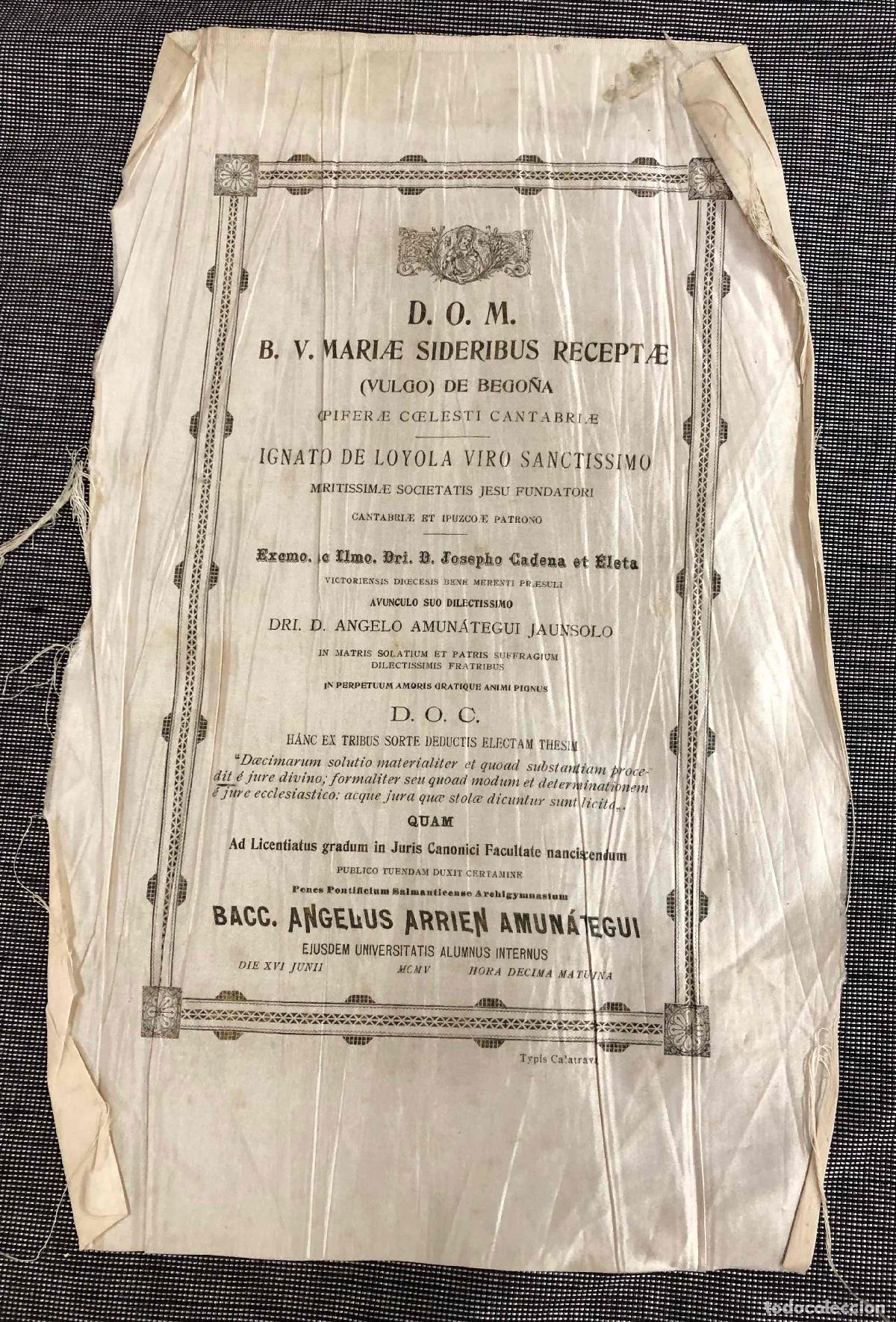 Coleccionismo de carteles: CARTEL EN SEDA DEFENSA TESIS EN DERECHO CANONICO ALUMNO DE SALAMANCA. A&Ntilde;O 1905