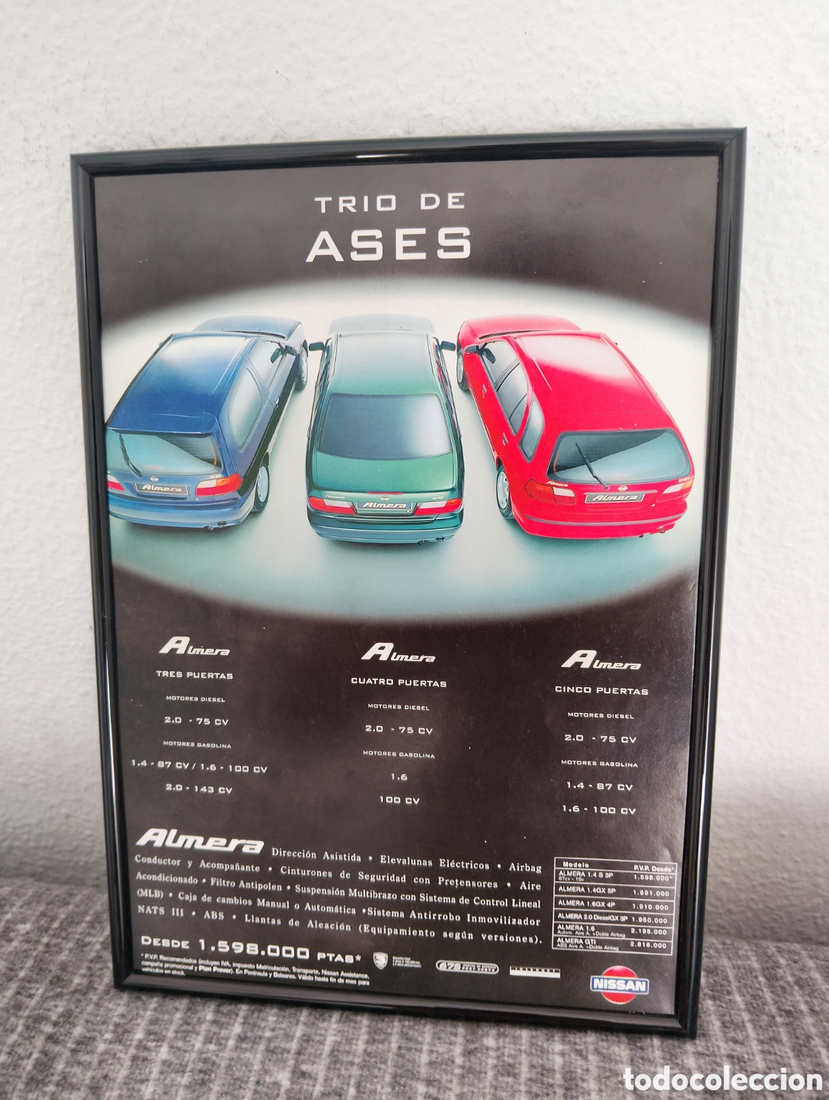 Coleccionismo de carteles: Nissan almera trio Anuncio original vintage a&ntilde;os 90 con marco incluido