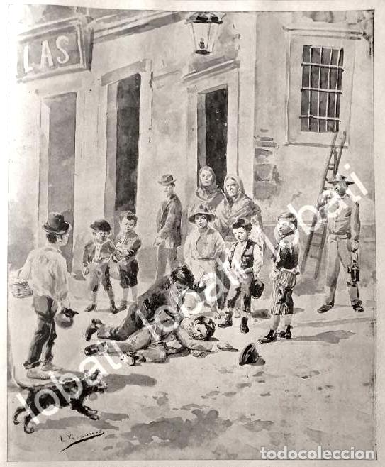 Sammeln von Plakaten: GRABADO ANTIGUO DE LEANDRO IZAGUIRRE 1895 BARRIO MEXICANO NI&Ntilde;OS PELEANDO