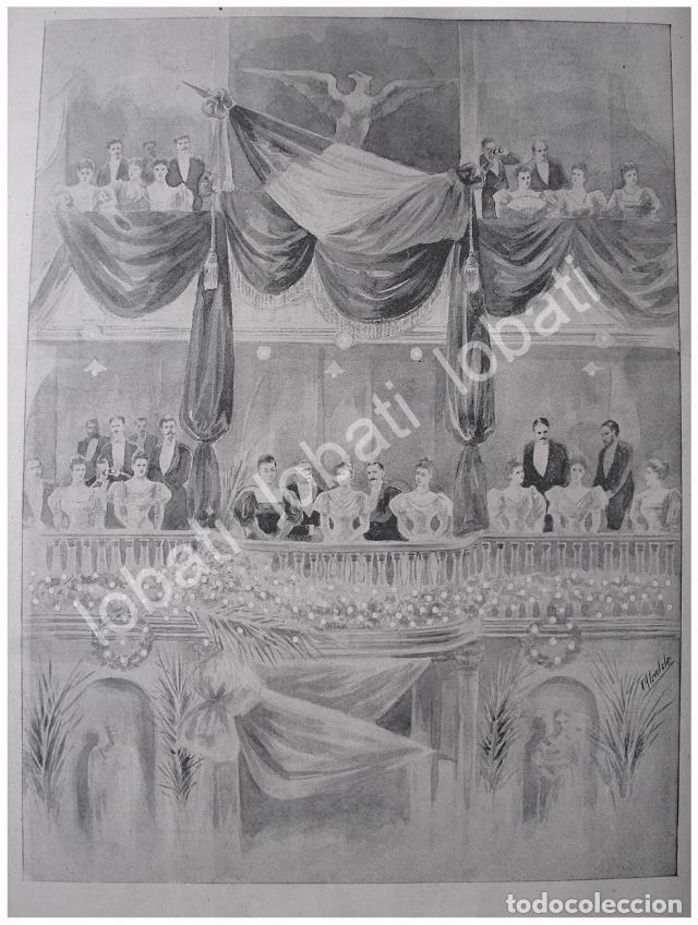 Collectionnisme d'affiches: GRABADO ANTIGUO 1897 PORFIRIO DIAZ EN EL TEATRO NACIONAL, DIBUJO DE CARLOS ALCALDE