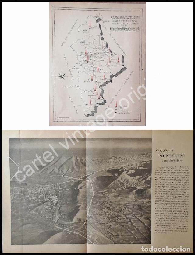 Collectionnisme d'affiches: CARTEL ANTIGUO ORIGINAL DE MAPA Y VISTA AEREA DE MONTERREY 1942