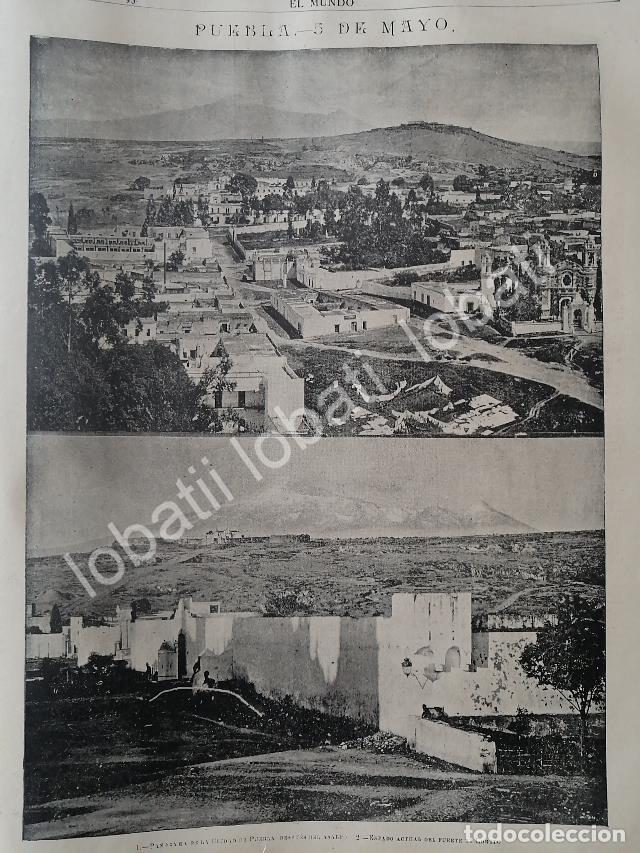 Collectionnisme d'affiches: GRABADO ANTIGUO 1895 CIUDAD DE PUEBLA & FUERTE DE LORETO /LDM