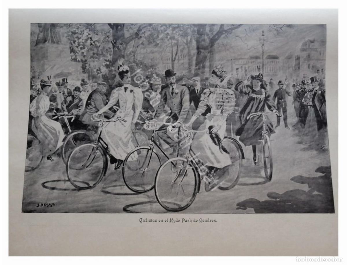 Collezionismo di affissi: NOTAS Y GRABADO ANTIGUO 1896 CICLISTAS DE LONDRES ETC