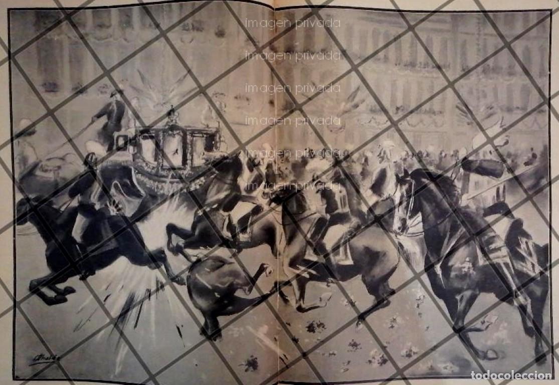Coleccionismo de carteles: GRABADO ANTIGUO ATENTADO CONTRA REYES DE ESPA&Ntilde;A 1906