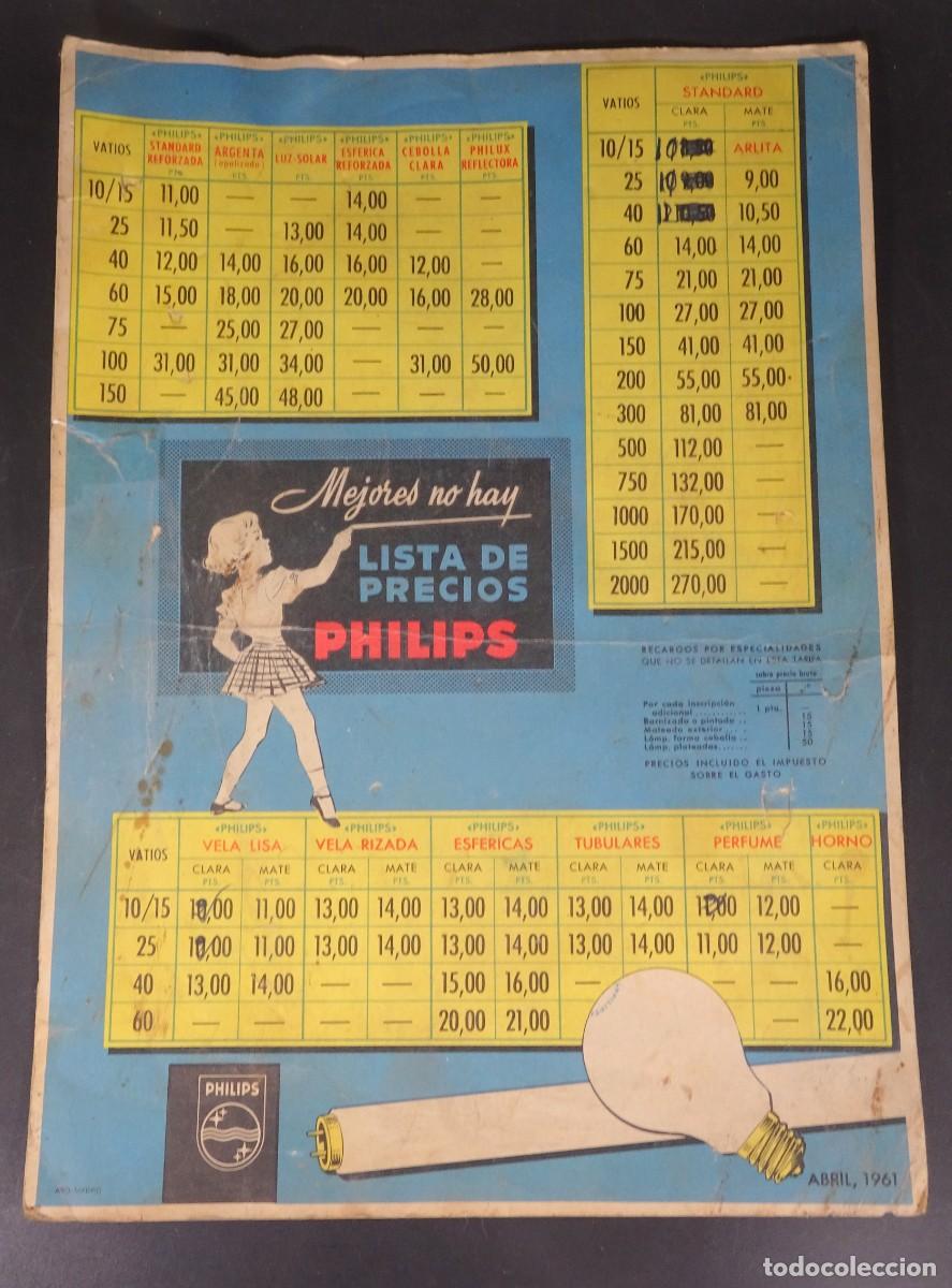Coleccionismo de carteles: ANTIGUO CARTEL PUBLICIDAD PHILIPS, LISTA PRECIOS, BOMBILLAS Y FLUORESCENTES, VER FOTOS