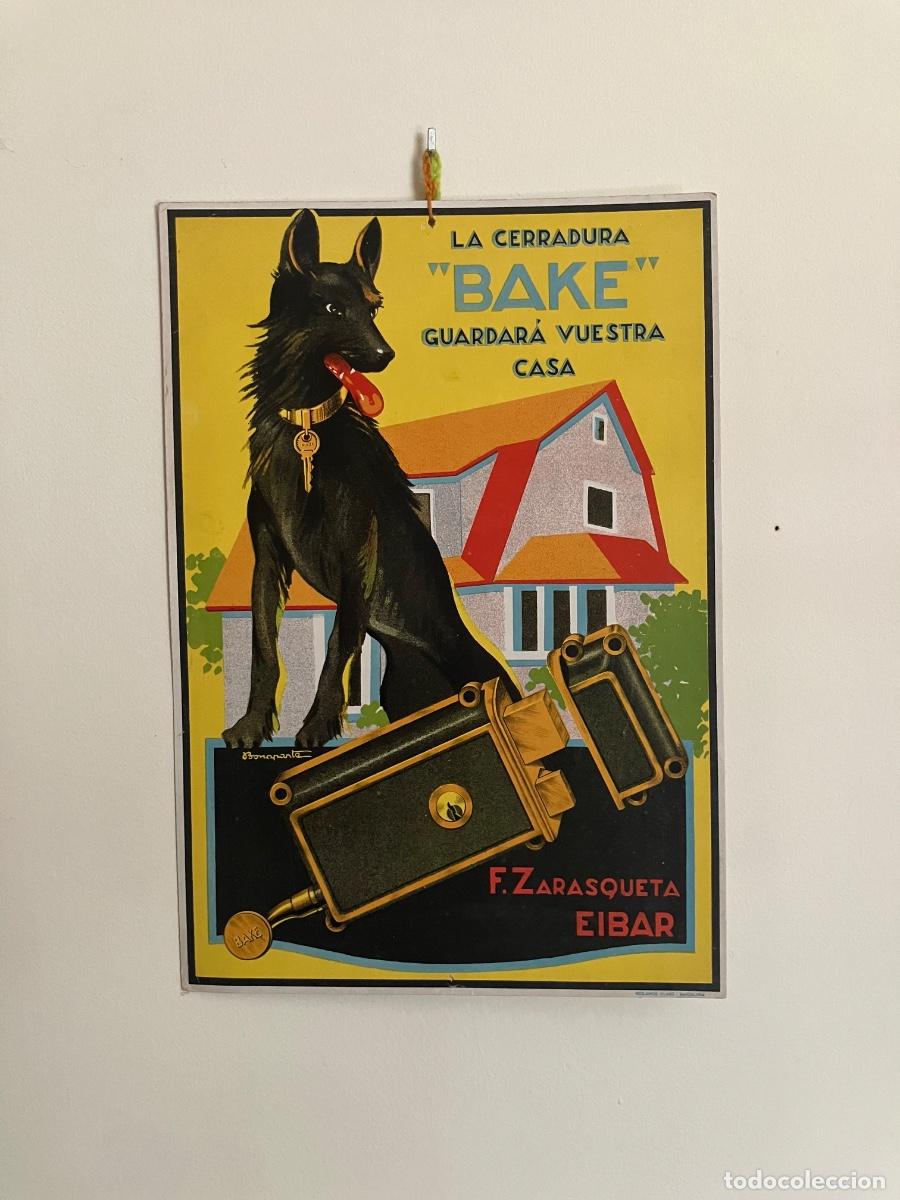 Coleccionismo de carteles: ANTIGUO CARTEL ANUNCIADOR SOBRE CART&Oacute;N, CERRADURAS BAKE ZARASQUETA EIBAR A&Ntilde;OS 30