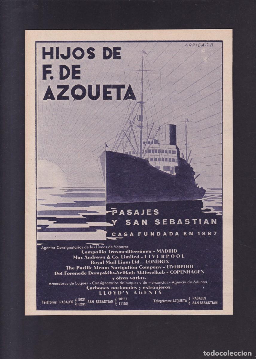 Coleccionismo de carteles: HIJOS DE F. DE AZQUETA - CONSIGNATARIO BUQUES - PUBLICIDAD ORIGINAL 1935 / BLANCO Y NEGRO
