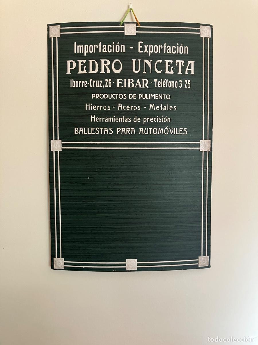 Coleccionismo de carteles: ANTIGUO CARTEL ANUNCIADOR CART&Oacute;N TR&Oacute;QUELADO PEDRO UNZETA EIBAR, HIERROS AUTOM&Oacute;VILES