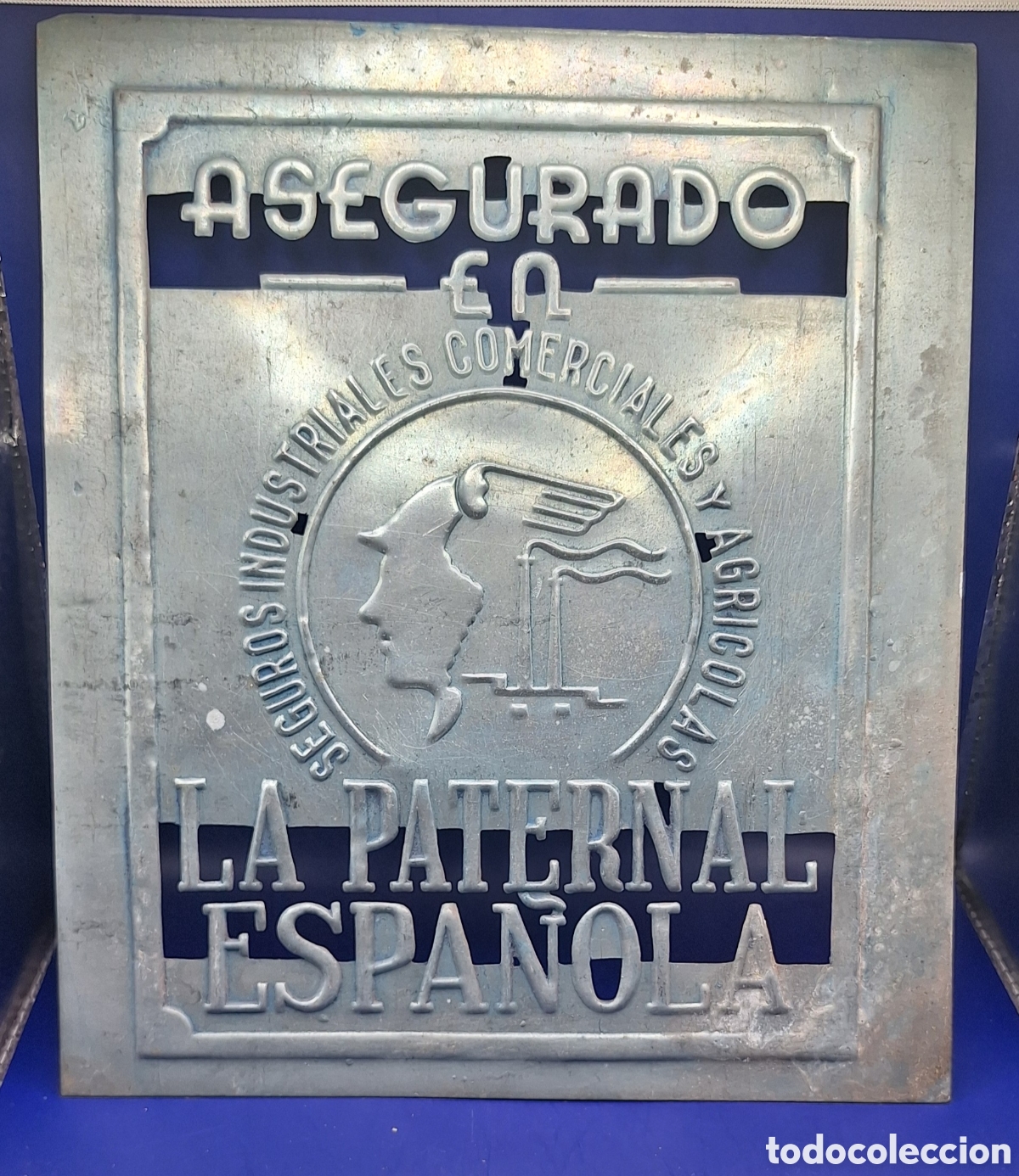 Coleccionismo de carteles: Placa Met&aacute;lica Cartel Asegurado en la Paternal Espa&ntilde;ola - Seguros Industriales Comerciales Agr&iacute;colas