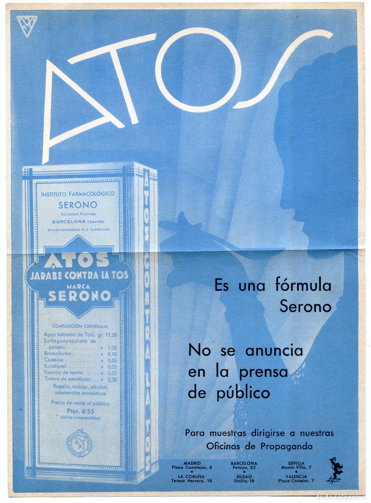 Coleccionismo de carteles: Atos, de Serono, jarabe contra la tos. Peque&ntilde;o cartel de publicidad farmac&eacute;utica de 1934