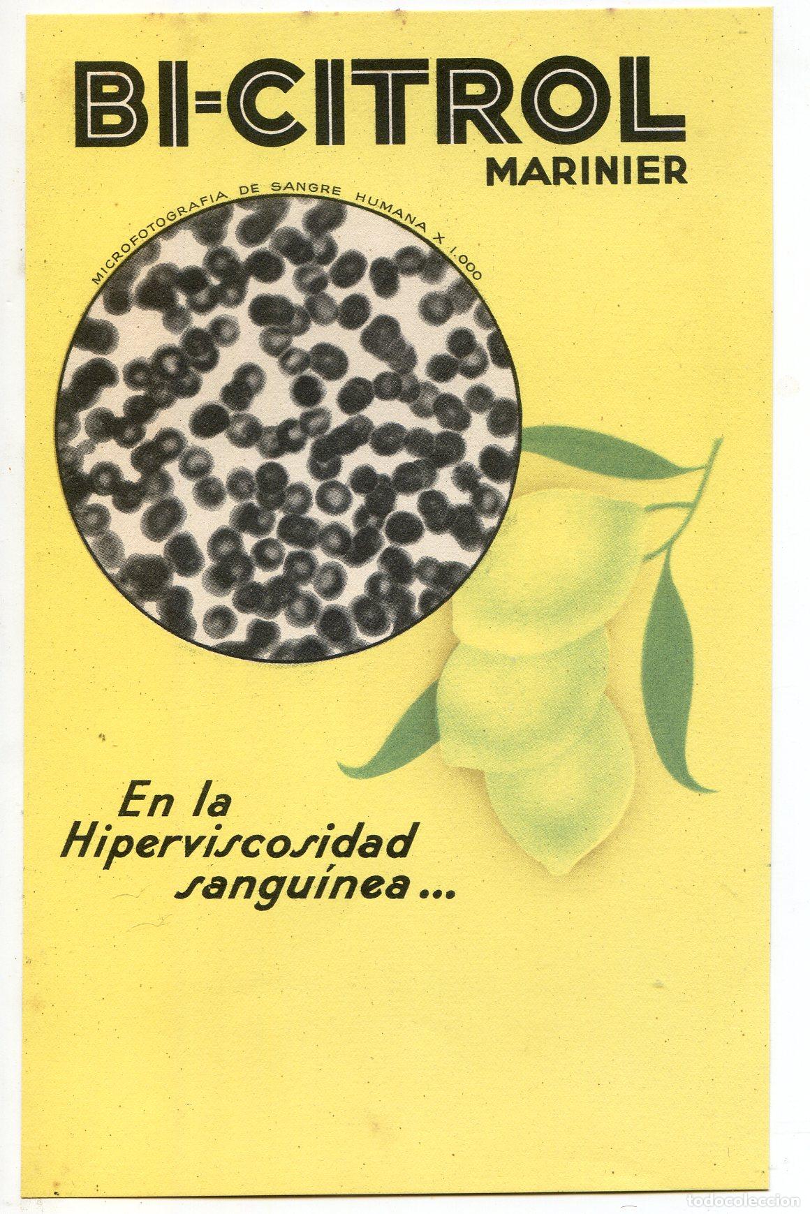 Coleccionismo de carteles: Bi-citrol Marinier, anticoagulante. Peque&ntilde;o cartel de publicidad farmac&eacute;utica de 1934