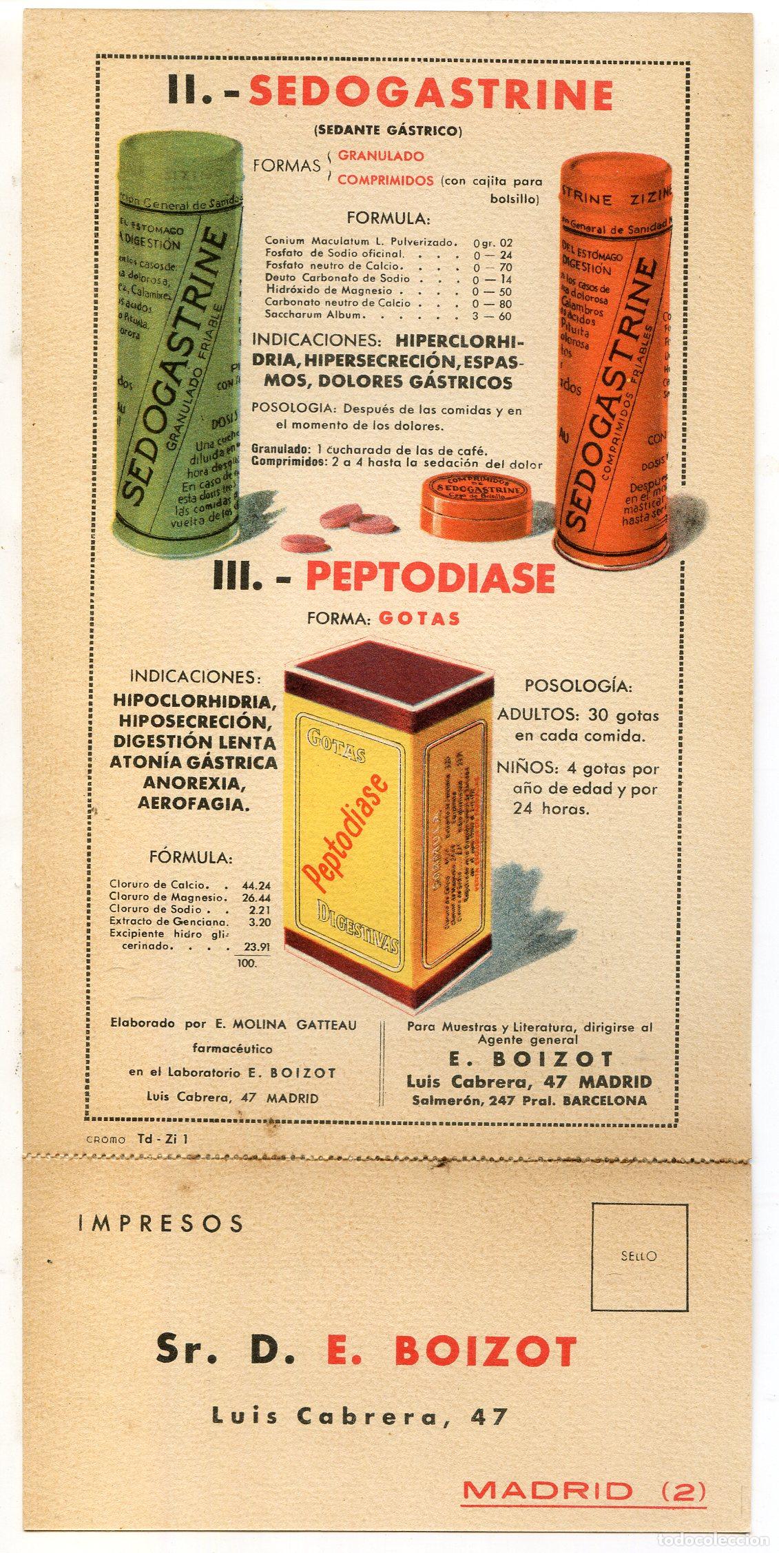 Coleccionismo de carteles: Sedogastrine, Peptodiase y Agocholine, de Boizot. Peque&ntilde;o cartel de publicidad farmac&eacute;utica de 1934