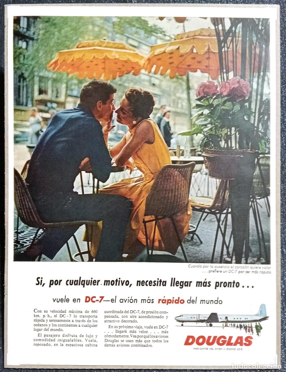 Coleccionismo de carteles: AVION DOUGLAS DC.7 - PUBLICIDAD ORIGINAL 1956 - LIFE EN ESPA&Ntilde;OL 32 x 24 Cm.