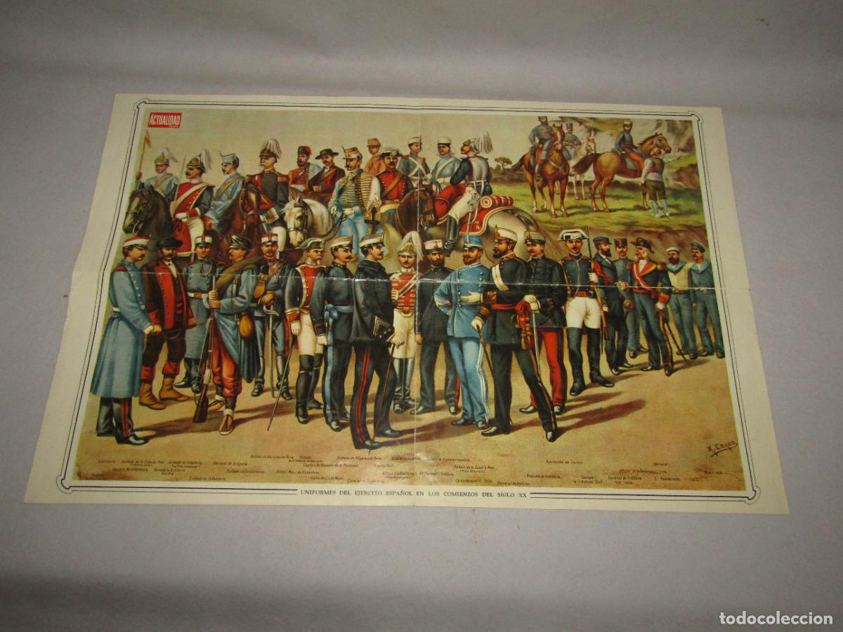 Coleccionismo de carteles: Antiguo Poster UNIFORMES DEL EJ&Eacute;RCITO ESPA&Ntilde;OL COMIENZOS SIGLO XX de Revista ACTUALIDAD