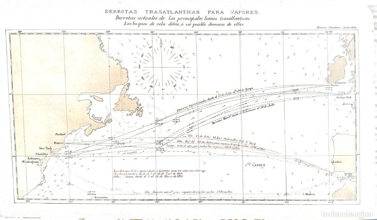 Coleccionismo de carteles: DERROTAS TRASATLANTICAS PARA VAPORES - MAPA ORIGINAL 1893 / 40 x 23 Cm. RIVISTA MARITTIMA