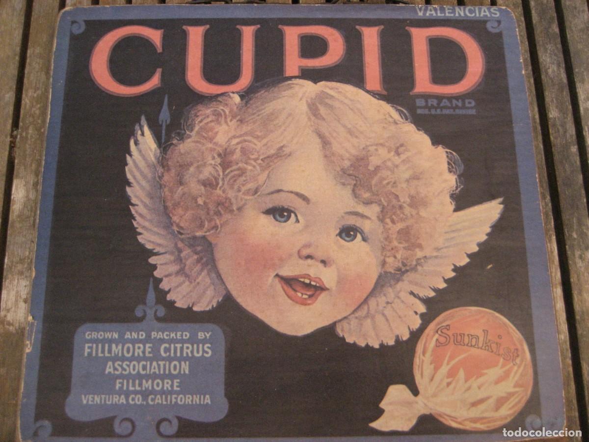 Coleccionismo de carteles: Cartel CUPID Fillmore Citrus Ventura Co California . naranjas Valencias . madera gruesa 26/23 cm