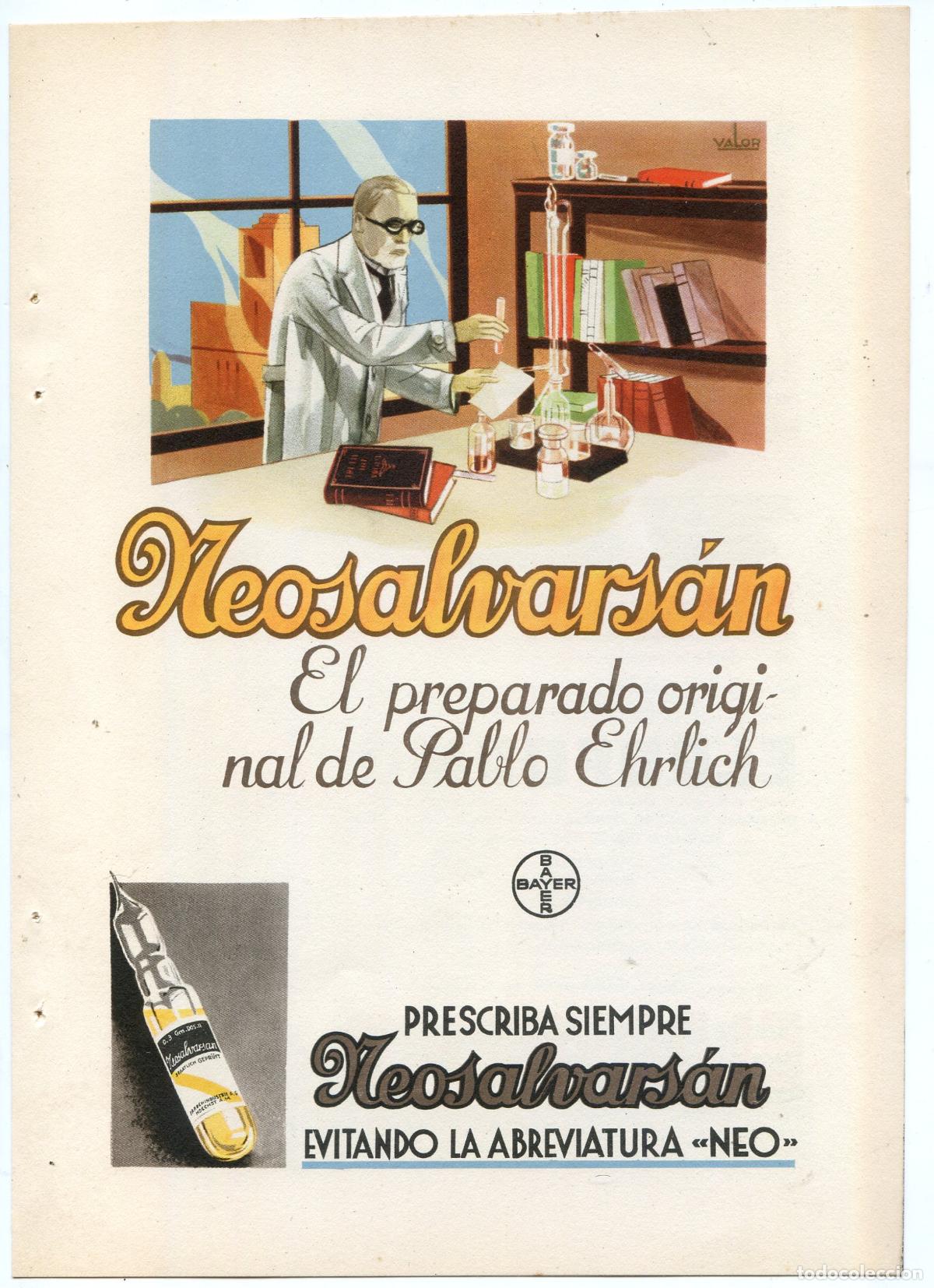 Coleccionismo de carteles: Neosalvars&aacute;n y Eldoformo, publicidad de dos productos Bayer, farmacia, a&ntilde;o 1934, ilustrador Valor