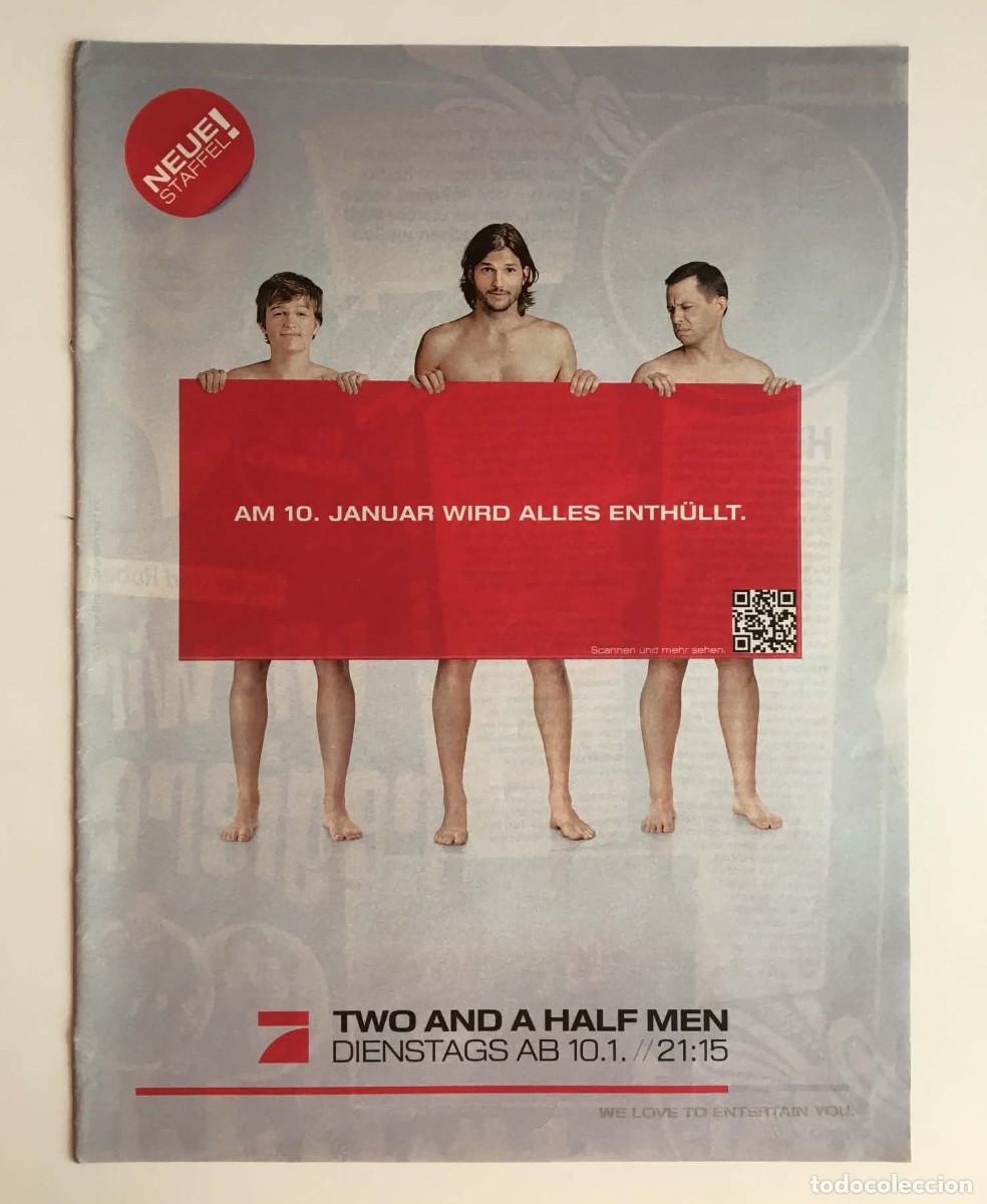 Coleccionismo de carteles: Ashton Kutcher Jon Cryer Angus T. Jones Two and a Half Men Nude Promo Poster Ad A4 - Bravo Germany