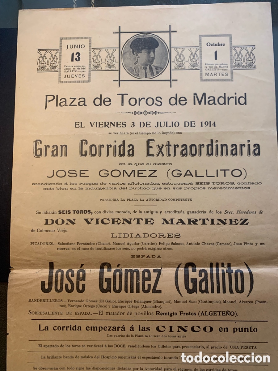 Coleccionismo de carteles: Cartel plaza de toros Madrid (Goya) 3Julio 1914 Jose Gomez &ldquo;Gallito&rdquo;, Joselito el Gallo.