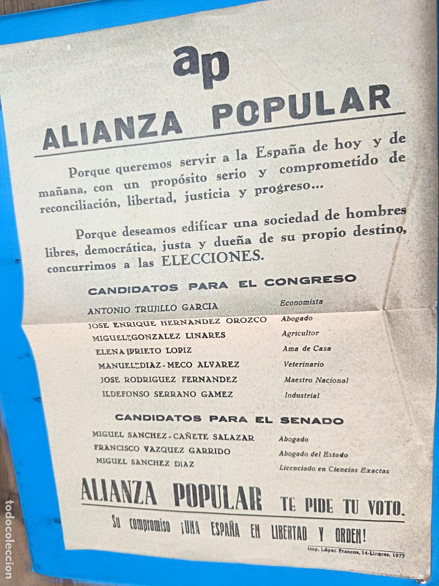 Coleccionismo de carteles: CARTEL DE ALIANZA POPULAR. ELECCIONES GENERALES DE 1977. LINARES, 1977. 21 X 29 CM