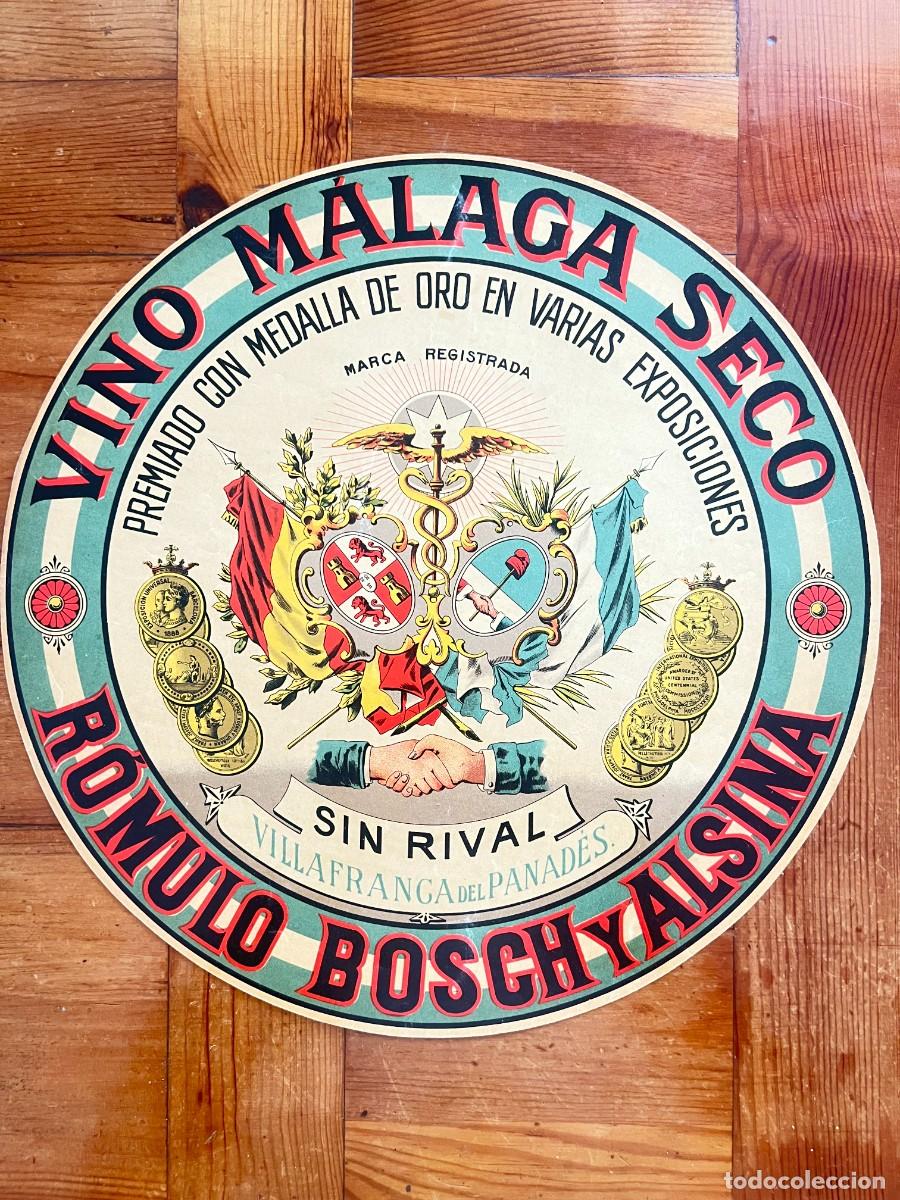 Coleccionismo de carteles: GRAN ETIQUETA 32cm DE DI&Aacute;METRO, A&Ntilde;OS 1920-30. VINO M&Aacute;LAGA SECO R&Oacute;MULO BOSCH Y ALSINA. Vca. PANAD&Eacute;S