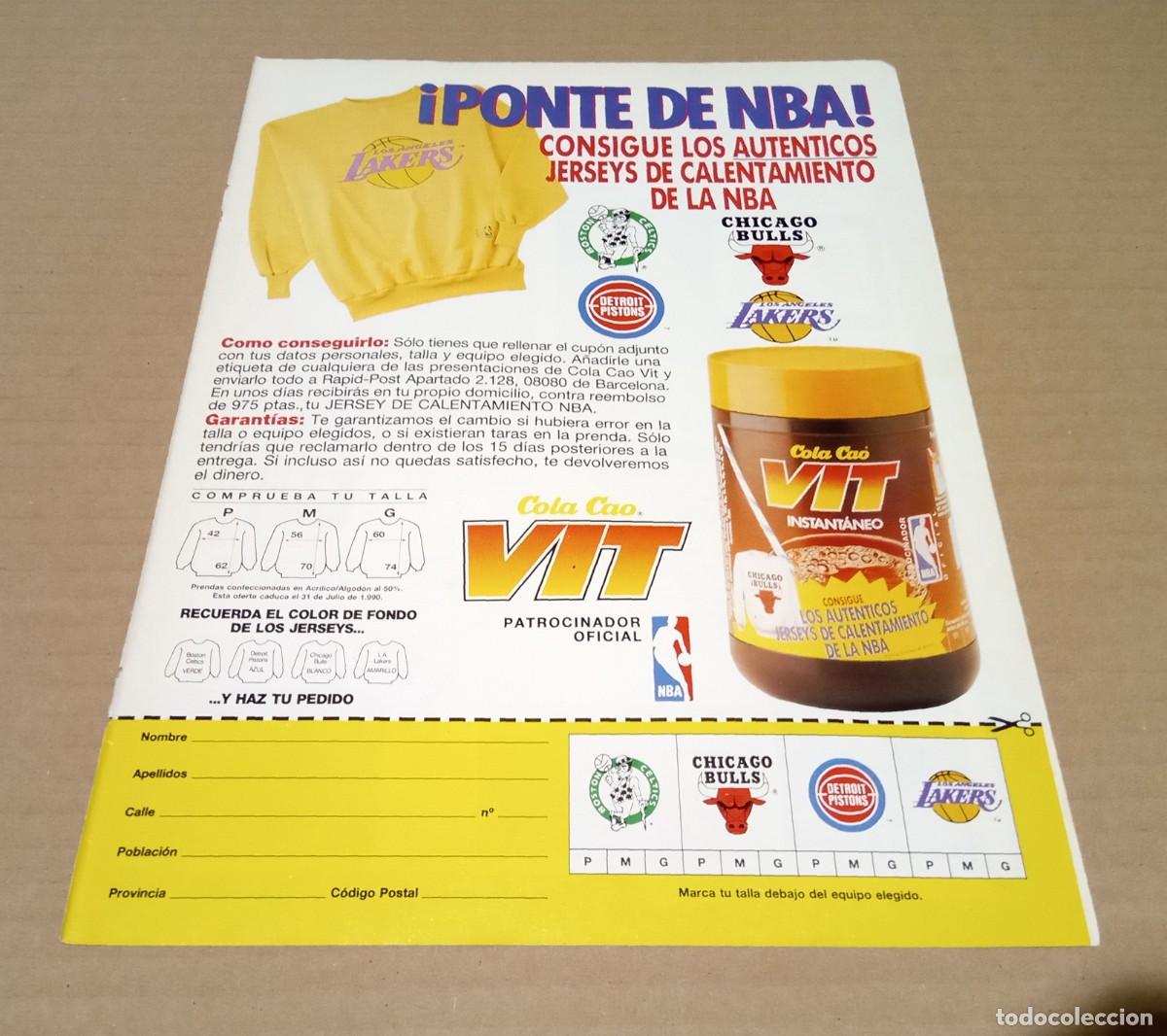 Coleccionismo de carteles: REVISTA PUBLICIDAD CUPON NBA COLA CAO VIT SUDADERAS JERSEYS 1989 1990 BULLS PISTONS LAKERS ESPA&Ntilde;A
