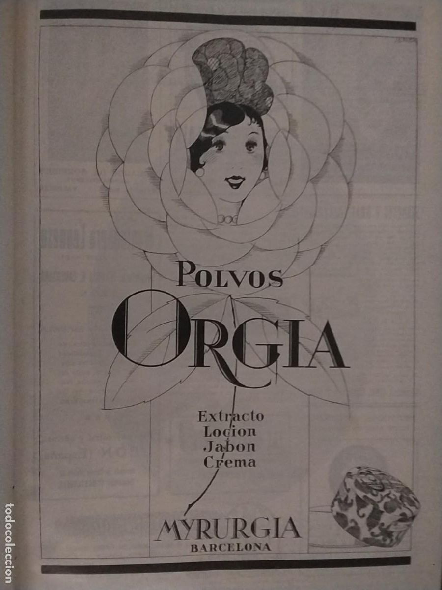 Coleccionismo de carteles: POLVOS ORGIA MYRURGIA BARCELONA HOJA A&Ntilde;O 1928