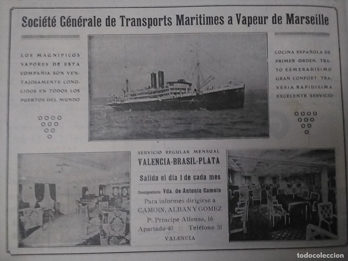 Coleccionismo de carteles: SOCIETE GENERALE DE TRANSPORTS MARITIMES A VAPEUR DE MARSEILLE VALENCIA BRASIL PLATA HOJA A&Ntilde;O 1928