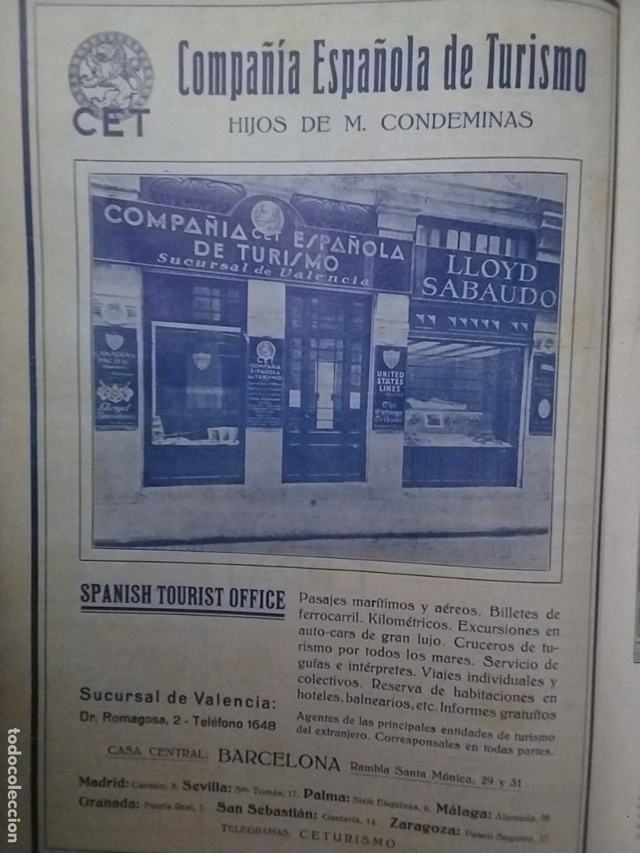 Coleccionismo de carteles: COMPA&Ntilde;IA ESPAN̈OLA DE TURISMO HIJOS DE M.CONDEMINAS SUCURSAL VALENCIA CET HOJA A&Ntilde;O 1928