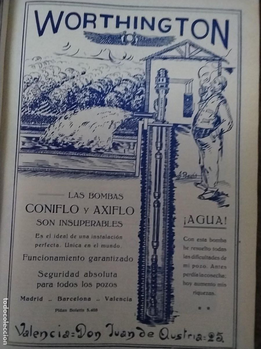 Coleccionismo de carteles: WORTHINGTON LAS BOMBAS CONIFLO Y AXIFLO BOMBA AGUA POZOS VALENCIA HOJA A&Ntilde;O 1928