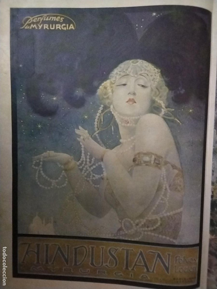 Coleccionismo de carteles: PERFUMES MYRURGIA HINDUSTAN POLVOS LOCION BARCELONA HOJA A&Ntilde;O 1928