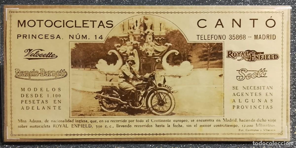 Coleccionismo de carteles: ROYAL ENFIELD - MOTOCICLETAS CANT&Oacute; - PUBLICIDAD ORIGINAL 24,5 x 11,5 Cm. / ESTAMPA 1928