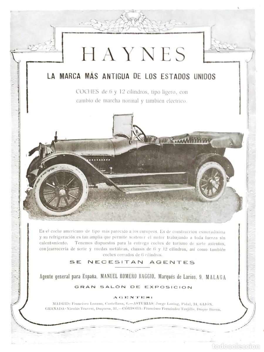 Coleccionismo de carteles: HAYNES, LA MARCA M&Aacute;S ANTIGUA DE EE.UU - PUBLICIDAD ORIGINAL - 1912 - 26,5 x 20 cm