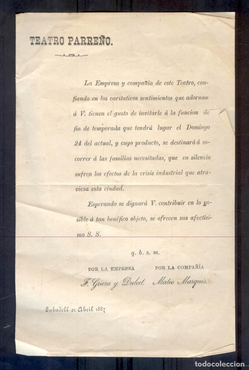 Coleccionismo de carteles: NUMULITE R1 Teatro Parre&ntilde;o invitaci&oacute;n funci&oacute;n solidaria Sabadell 1887