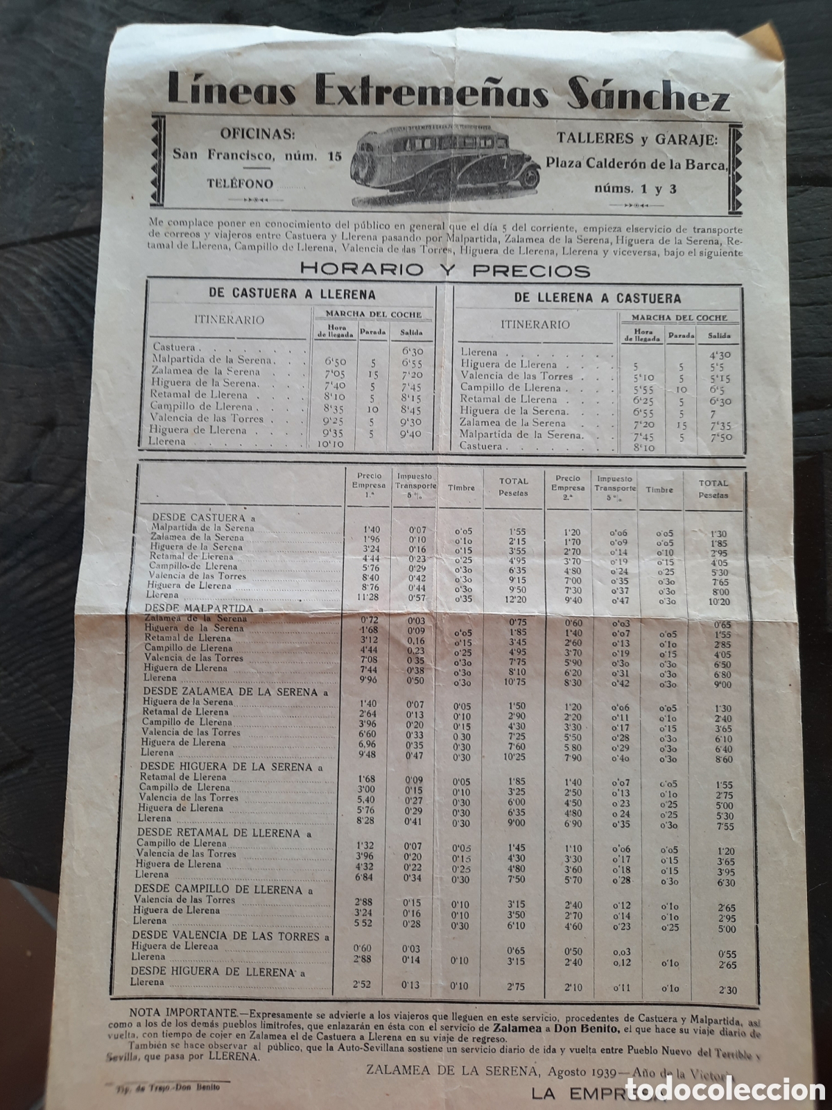 Coleccionismo de carteles: Cartel antiguo de horarios y precios de transporte de la empresa L&iacute;neas Extreme&ntilde;as S&aacute;nchez