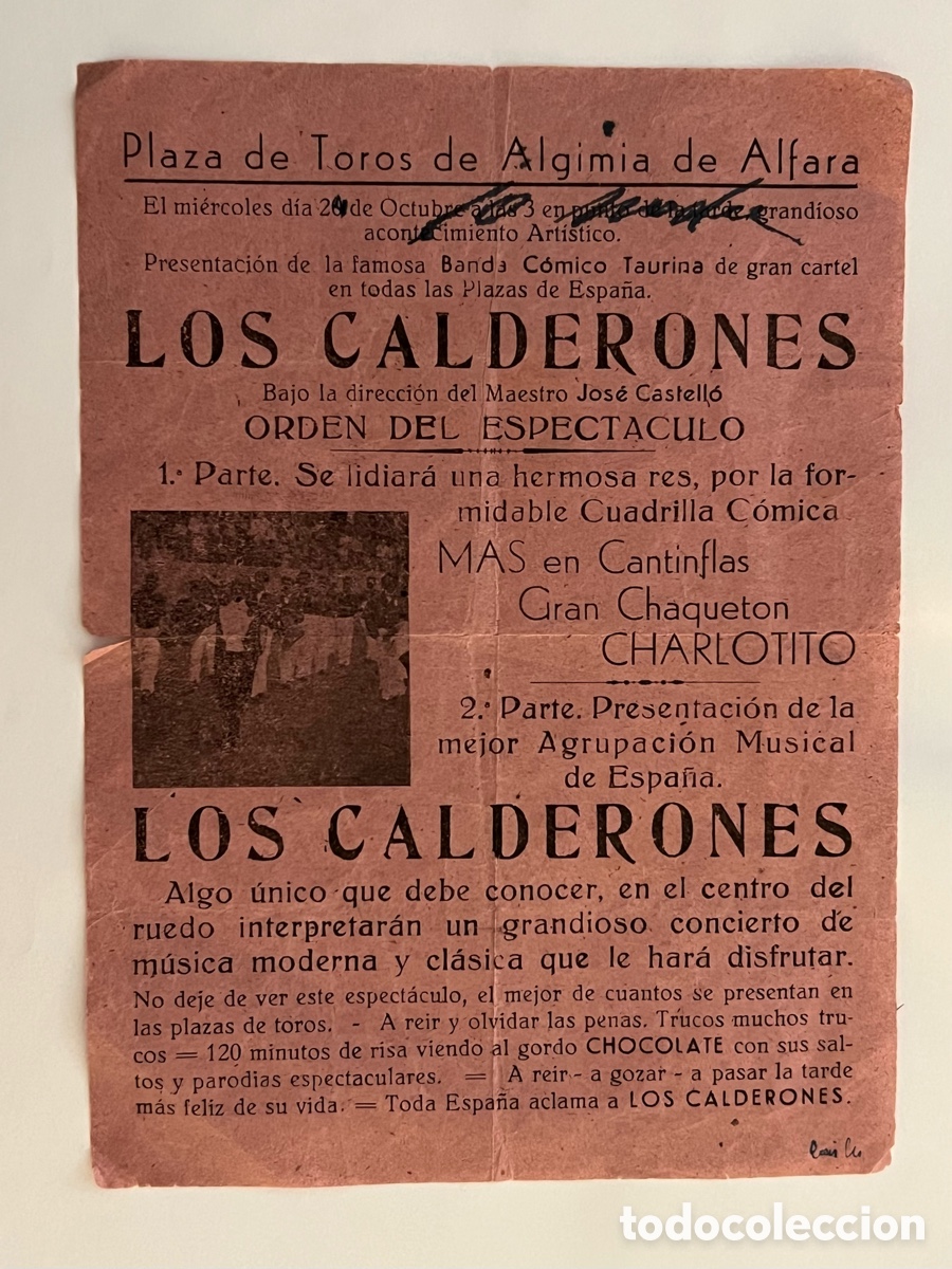 Coleccionismo de carteles: Plaza de Toros de Algimia de Alfara. Cartel Presentaci&oacute;n de la famosa Banda C&oacute;mico Taurina (h.1950?)
