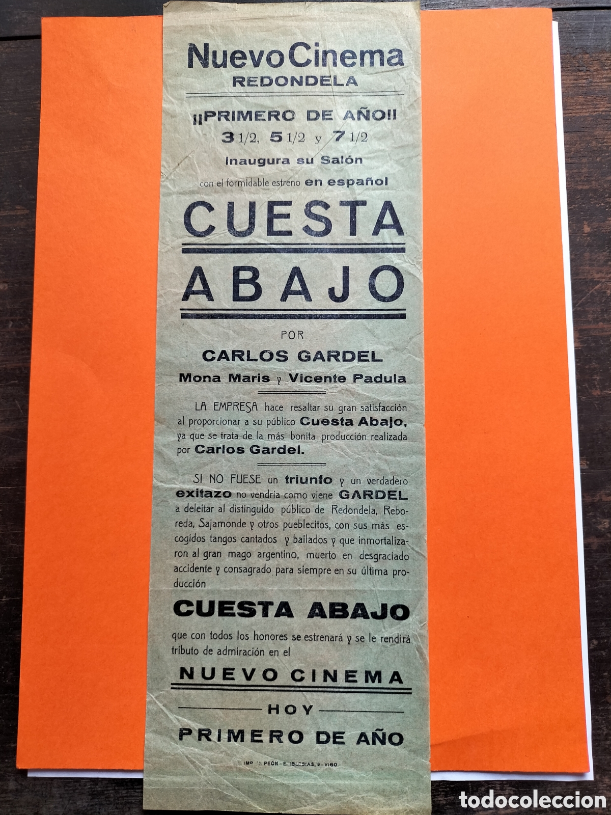 Coleccionismo de carteles: Redondela, Vigo. Cartel Nuevo Cinema. Cuesta Abajo. A&ntilde;os 30-40
