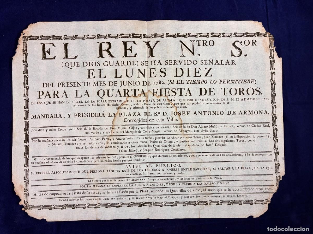 Coleccionismo de carteles: Cartel taurino Puerta Alcal&aacute; Costillares Josef Hillo - Carlos III - 1782 - Aceptable